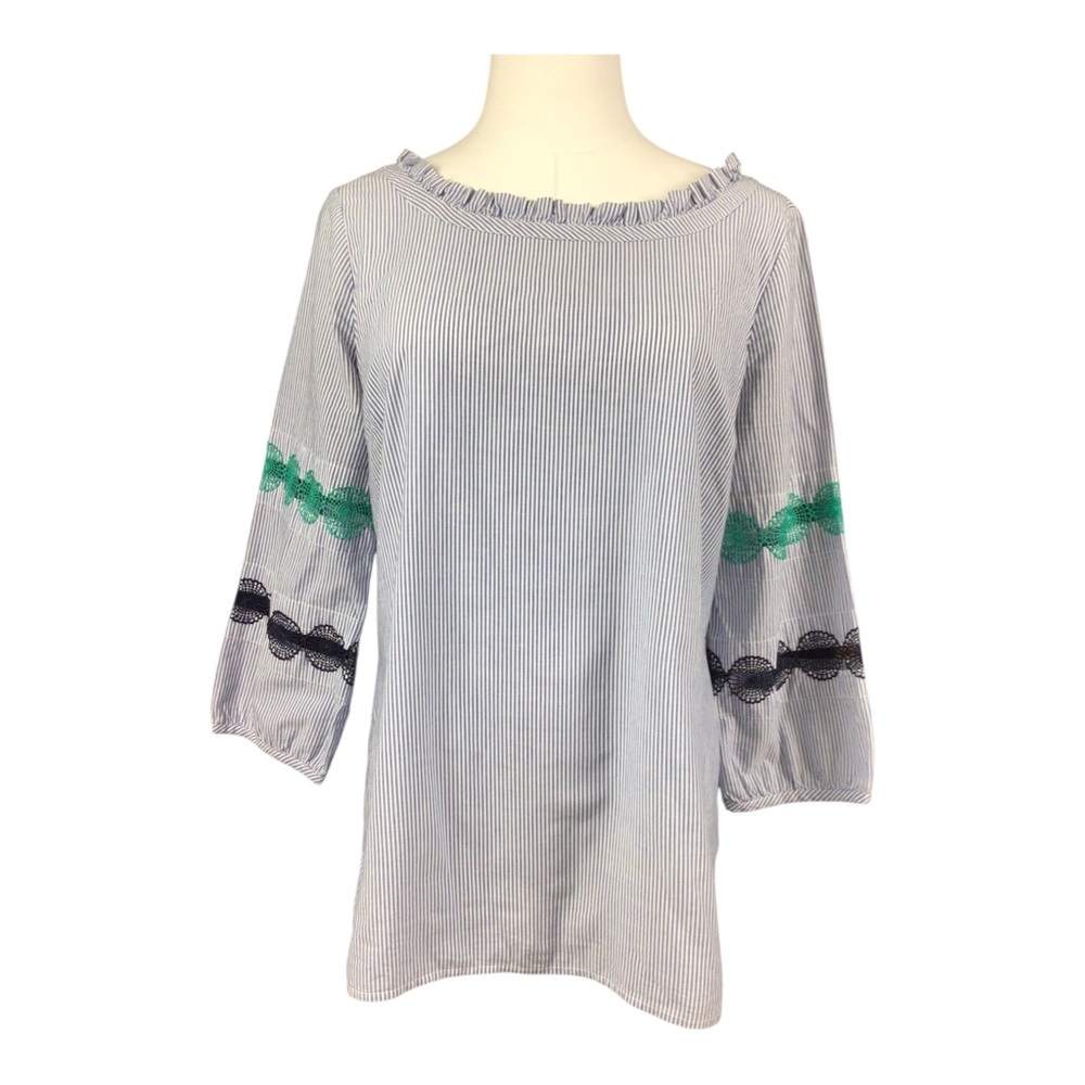 Talbots Striped Ruffle Neck Top Blue Striped Small 100% Cotton